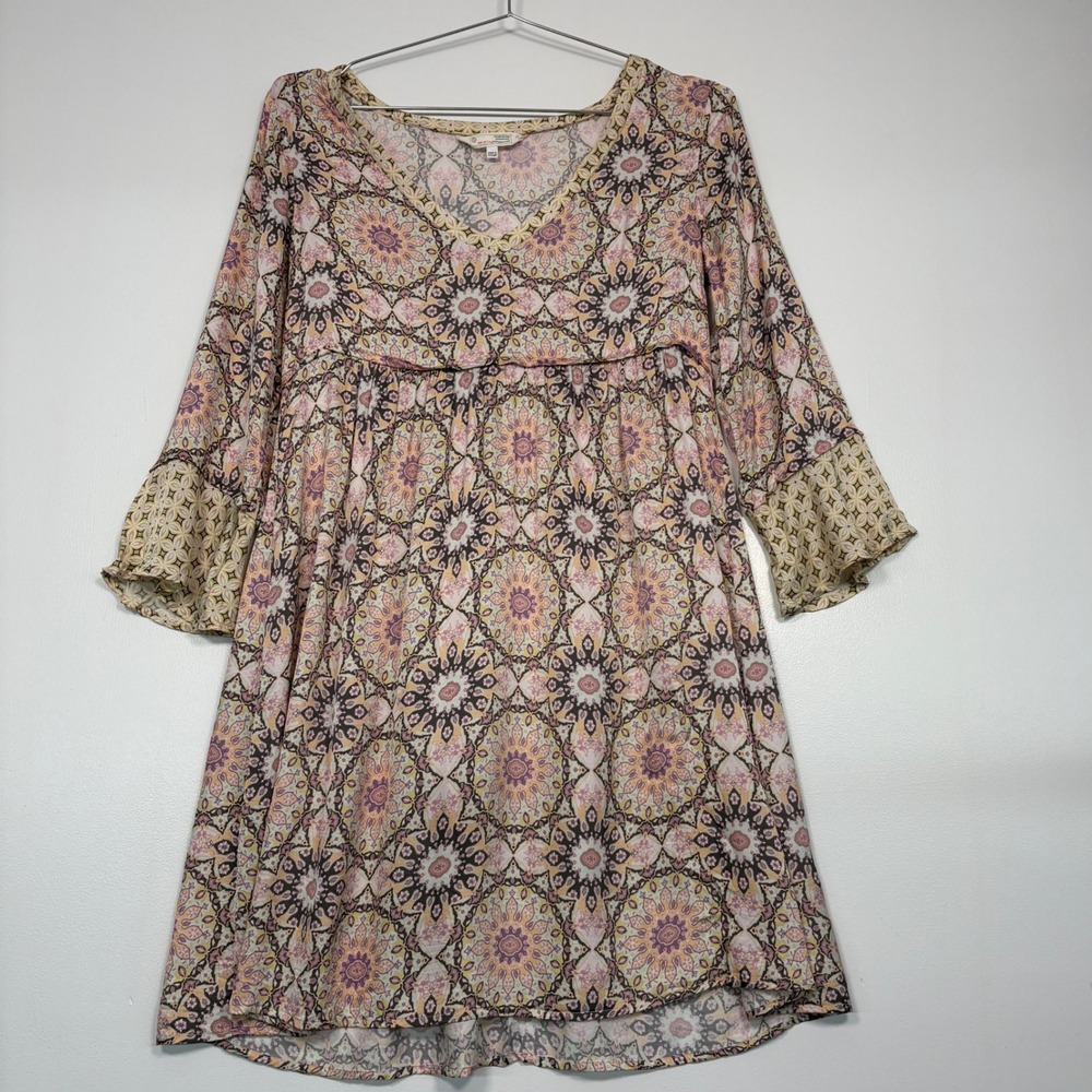 Odd Molly Womens Tunic Dress 0 (sz 2) Pink Yellow Boho Mandala Bell Sleeve 618M